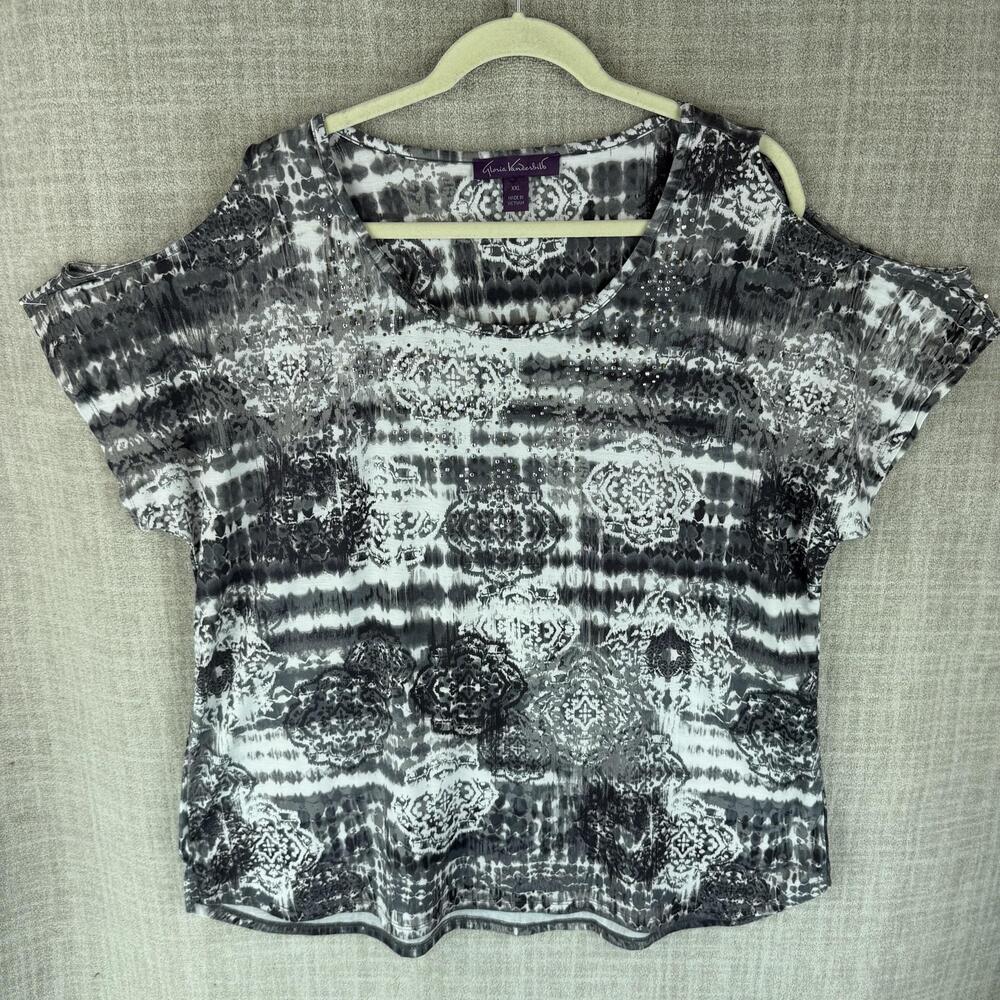 Gloria Vanderbilt T-Shirt Womens 2XL Gray Cold Shoulder Rhinestone Studded